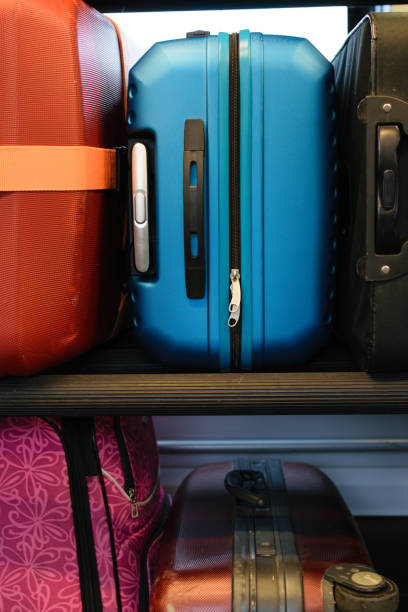 travel concept, colorful plastic and fabric suitcases - article textile material new imagens e fotografias de stock