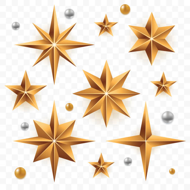 Christmas golden stars set isolated on transparent background. Gold stars of different forms with silver beads. Xmas decoration element for your design. Vector eps 10. Christmas golden stars set isolated on transparent background. Gold stars of different forms with silver beads. Xmas decoration element for your design. Vector eps 10. tree topper stock illustrations