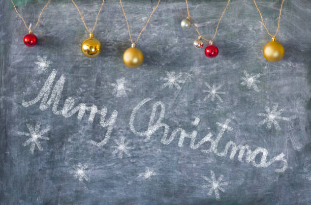 istock Christmas decoaration on chalkboard, with lettering and Christmas tree balls 1043584526