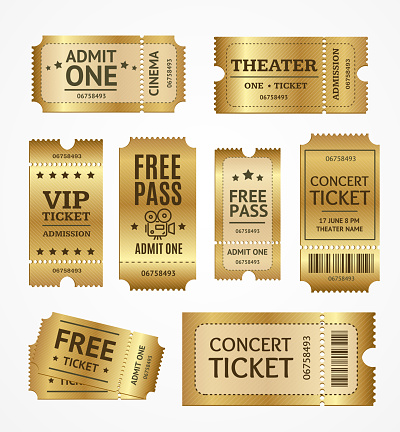 Realistic Detailed 3d Golden Tickets Set Concept Free Admission Entertainment, Show, Performance and Theatre. Vector illustration of Ticket