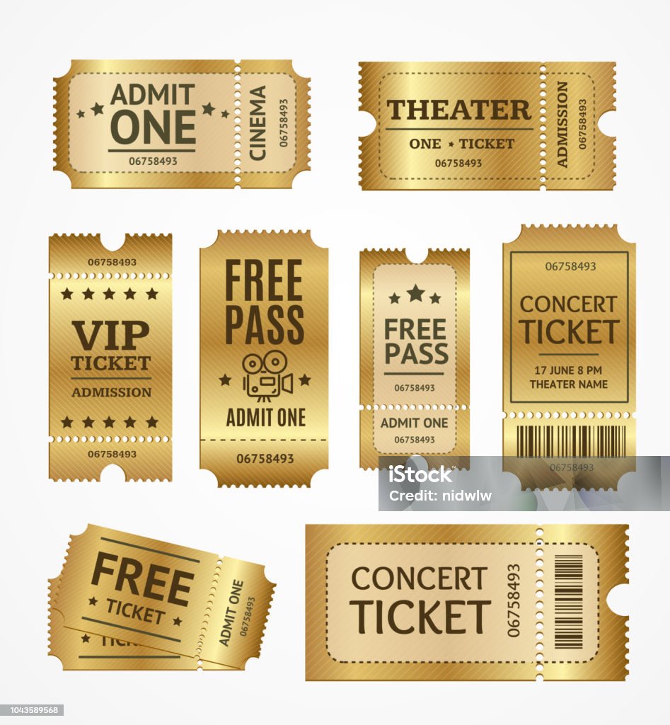 Realistic Detailed 3d Golden Tickets Set. Vector Realistic Detailed 3d Golden Tickets Set Concept Free Admission Entertainment, Show, Performance and Theatre. Vector illustration of Ticket Ticket stock vector