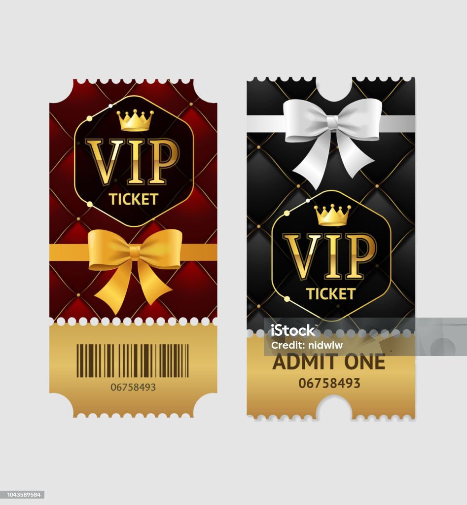 Realistic Detailed 3d Vip Tickets Set. Vector Realistic Detailed 3d Vip Tickets Set with Quilted Pattern and Bow Luxury Concept. Vector illustration of Ticket Celebrities stock vector