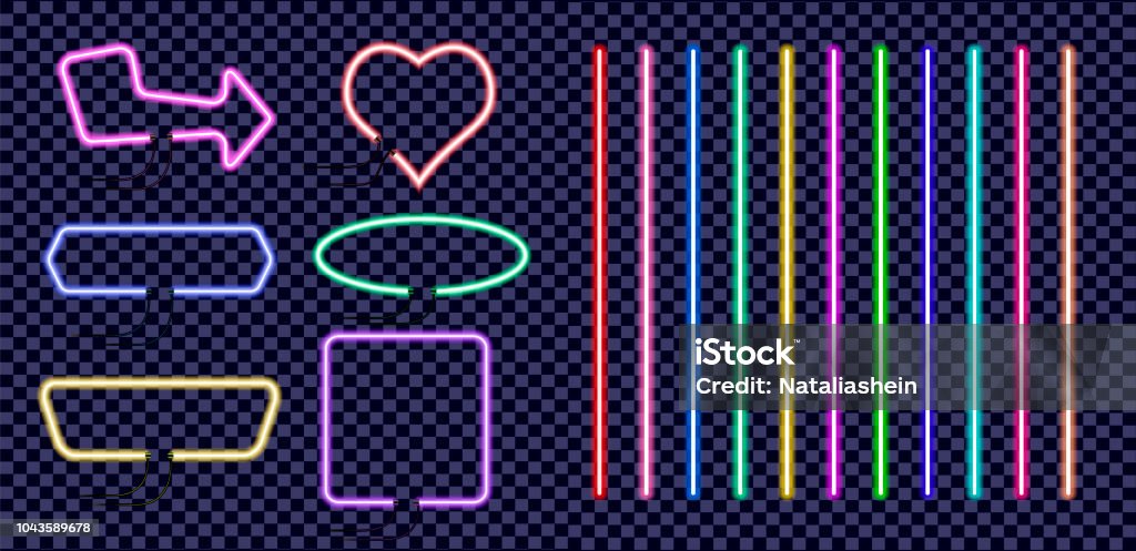 Set of neon colored frames. Vintage electric signboard with bright neon lights isolated on transparent background. Set of neon colored frames. Vintage electric signboard with bright neon lights isolated on transparent background. Vector illustration. Neon Lighting stock vector