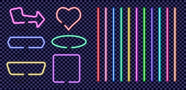 Set of neon colored frames. Vintage electric signboard with bright neon lights isolated on transparent background. Set of neon colored frames. Vintage electric signboard with bright neon lights isolated on transparent background. Vector illustration. glow in the dark hearts background stock illustrations