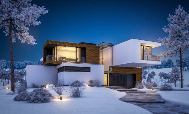 istock 3d rendering of modern house by the river in winter night 1043590132