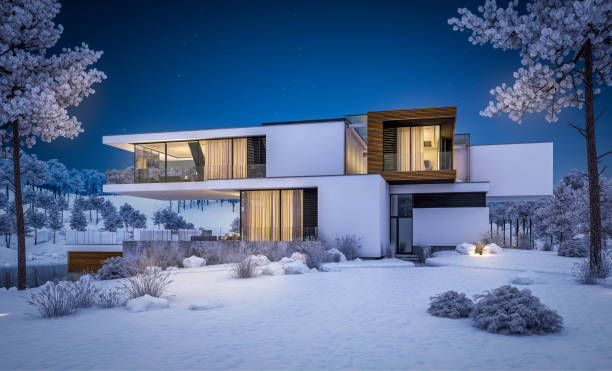 istock 3d rendering of modern house by the river in winter night 1043590170