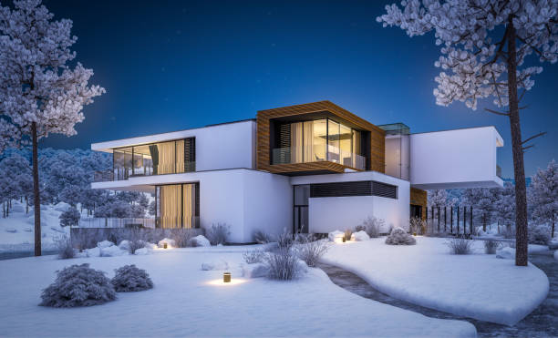 istock 3d rendering of modern house by the river in winter night 1043590178
