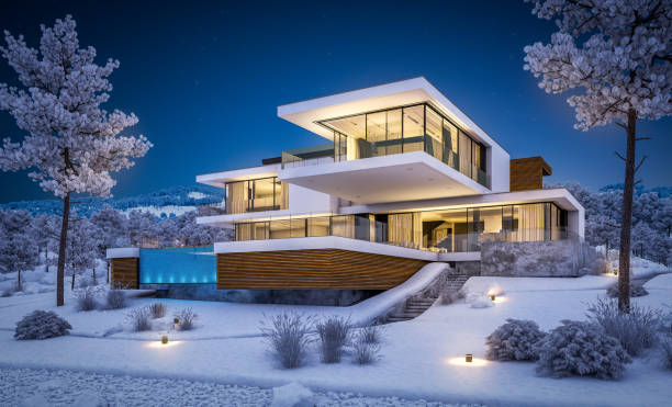 istock 3d rendering of modern house by the river in winter night 1043590186