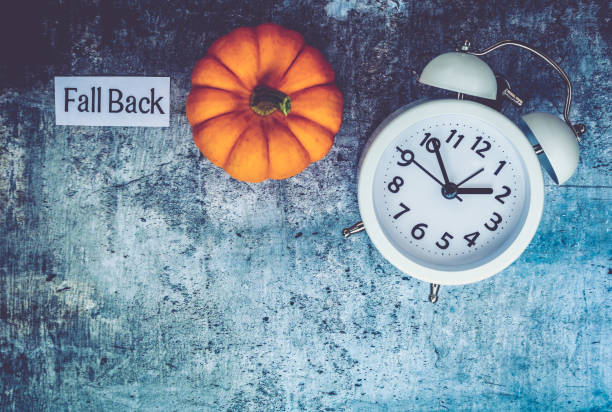 istock Fall Daylight Saving Time concept with white clock and flowers, flat lay 1043593126