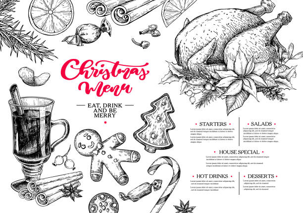 Christmas menu. Winter restaurant and cafe sketch template Christmas menu. Winter restaurant and cafe sketch template. Vector hand drawn illustration with holly, mistletoe, poinsettia, pine cone, mulled wine, fir tree. Engraved traditional xmas food. hot male drawing stock illustrations