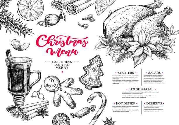 Christmas menu. Winter restaurant and cafe sketch template Christmas menu. Winter restaurant and cafe sketch template. Vector hand drawn illustration with holly, mistletoe, poinsettia, pine cone, mulled wine, fir tree. Engraved traditional xmas food. cinnamon stick spice food stock illustrations