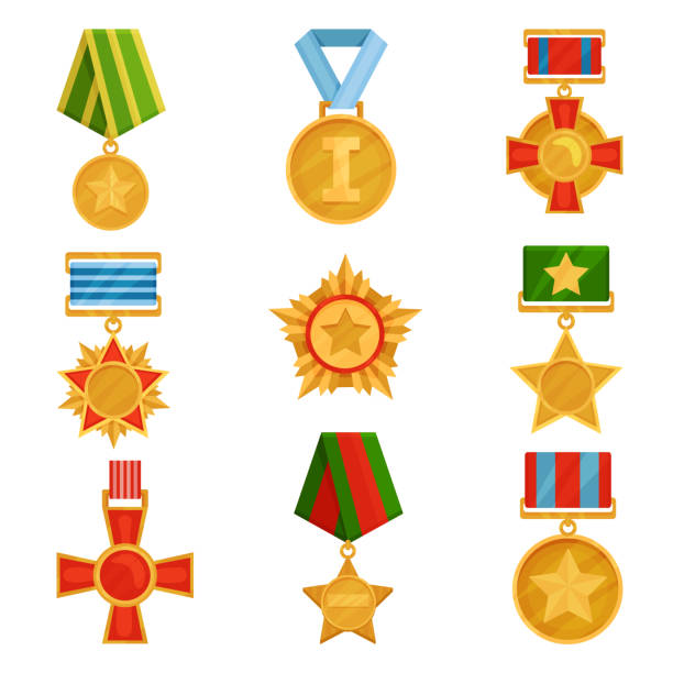 płaski zestaw wektorów medali wojskowych z kolorowymi wstążkami. błyszczące złote rozkazy. symbole zwycięstwa. motyw dnia weteranów - military medals stock illustrations