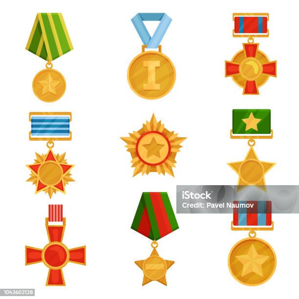 Flat Vector Set Of Military Medals With Colorful Ribbons Shiny Golden Orders Symbols Of Victory Veterans Day Theme Stock Illustration - Download Image Now