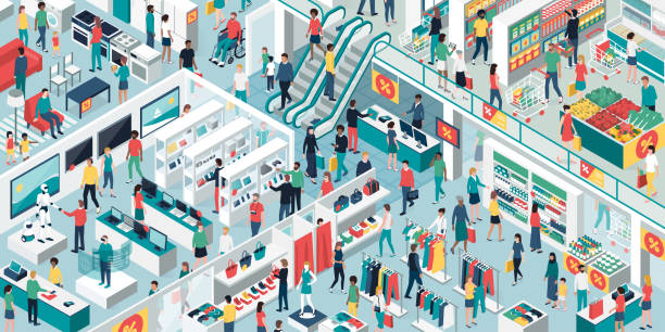People shopping together at the shopping mall Happy people shopping together at the shopping mall and clearance sale: electronics, clothing, home furnishing and grocery store electronics industry illustrations stock illustrations