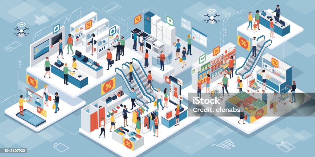 People shopping together at the supermarket and augmented reality Happy people shopping together at the supermarket and buying products: augmented reality and clearance sales concept Retail stock vector
