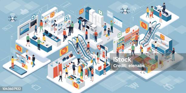 People Shopping Together At The Supermarket And Augmented Reality Stock Illustration - Download Image Now