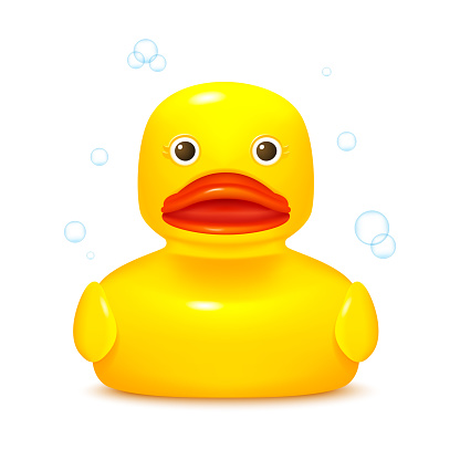 Cute bath toy yellow rubber duck front side view. Realistic vector illustration
