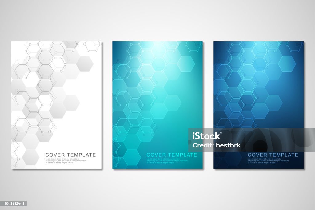 Vector covers or brochure for medicine, science and digital technology. Geometric abstract background with hexagons pattern. Molecular structure and chemical compounds. Vector covers or brochure for medicine, science and digital technology. Geometric abstract background with hexagons pattern. Molecular structure and chemical compounds Pattern stock vector