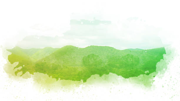 Abstract colorful mountain and field landscape on watercolor illustration painting background. stock photo