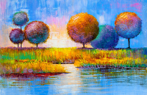 istock Original oil painting of a summer river 1043621796