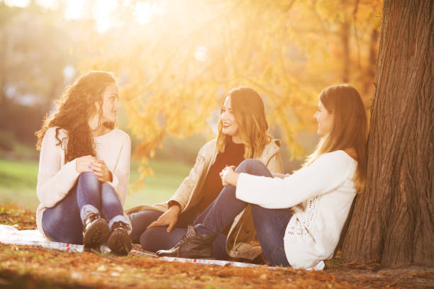istock Three young woman aitting in the park and talking 1043621812