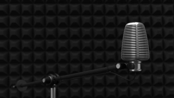 istock acuistic foam covered wall with condenser microphone. silent room concept. 3d illustration 1043621878