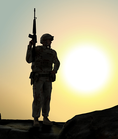 Silhouette of a US soldier with rifle standing on a hill against a sunset or dawn, mixed media, 3d render