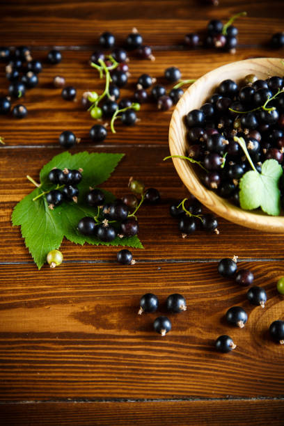 istock ripe berries black currants on a wooden table 1043632426