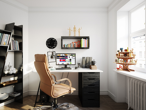 Digitally generated Scandinavian home office interior design.The scene was rendered with photorealistic shaders and lighting in Autodesk® 3ds Max 2016 with V-Ray 3.6 with some post-production added.