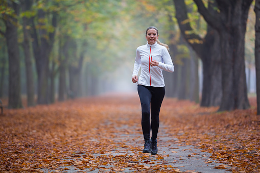 혼자 공원가 아침에 조깅 하는 여자 가을에 대한 스톡 사진 및 기타 이미지 - 가을, 운동, 활력 - iStock