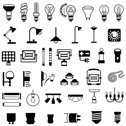 Single color black icons of light fixtures and bulbs. Isolated.