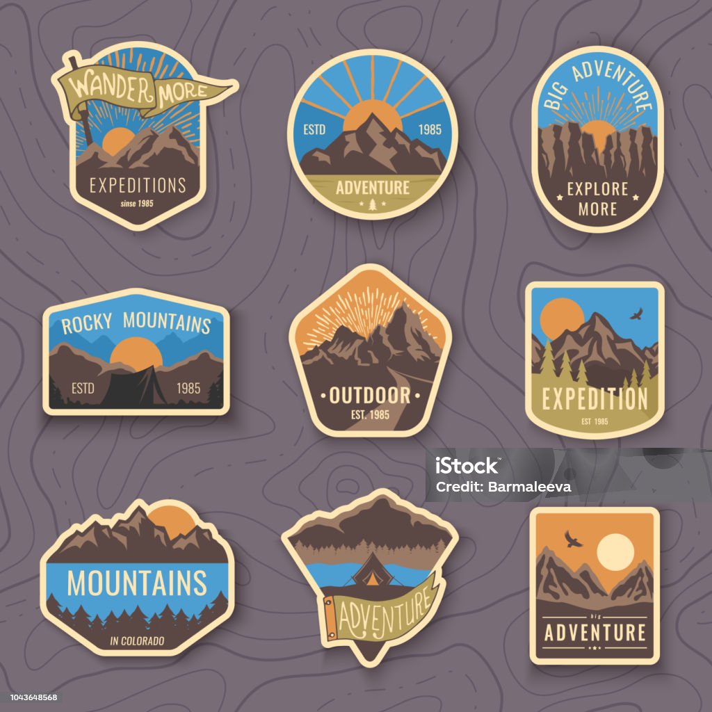 Set of nine mountain travel emblems. Camping outdoor adventure emblems, badges and logo patches. Mountain tourism, hiking. Forest camp labels in vintage style Set of nine mountain travel emblems. Camping outdoor adventure emblems, badges and logo patches. Mountain tourism, hiking. Forest camp vector labels in vintage style Mountain stock vector