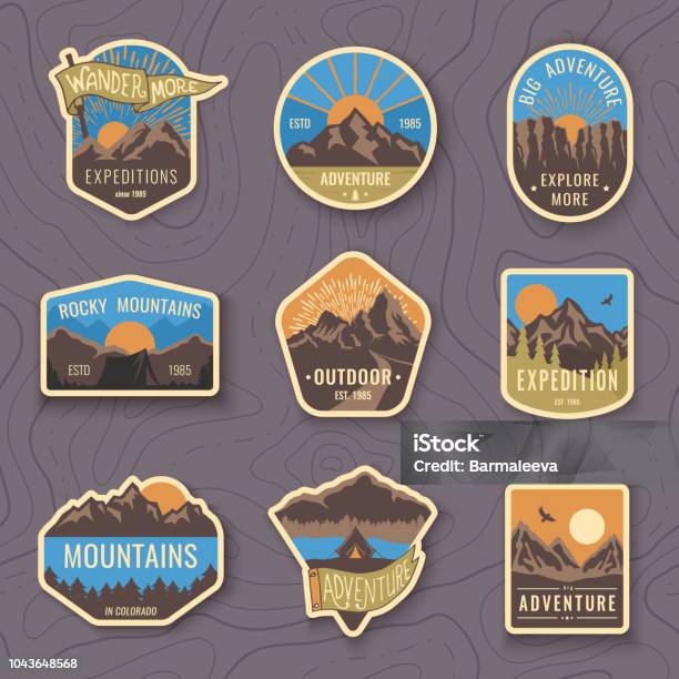 Set Of Nine Mountain Travel Emblems Camping Outdoor Adventure Emblems Badges And Logo Patches Mountain Tourism Hiking Forest Camp Labels In Vintage Style Stock Illustration - Download Image Now