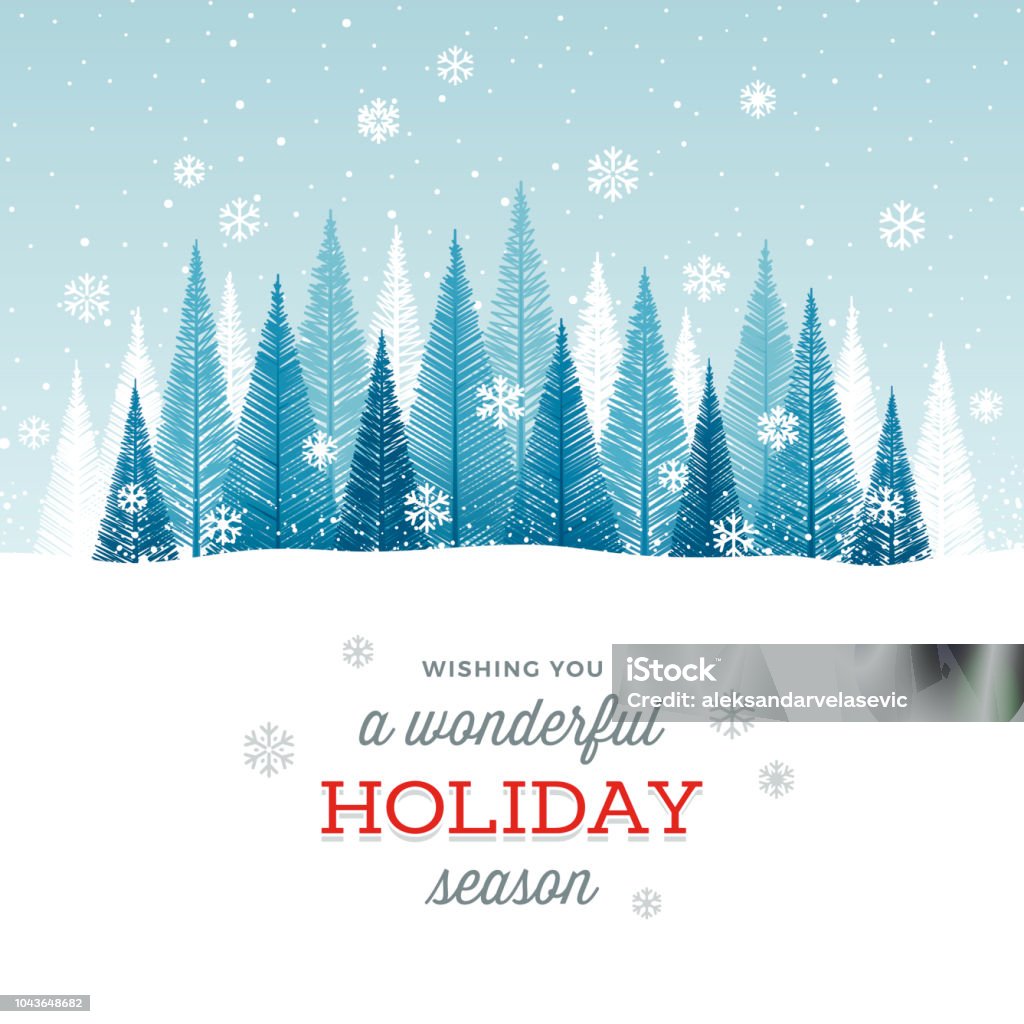 Holiday Background Simple graphic Christmas tree forest with snowflakes and greetings. Backgrounds stock vector