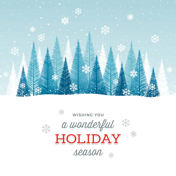 Holiday Background Simple graphic Christmas tree forest with snowflakes and greetings. winter backgrounds stock illustrations