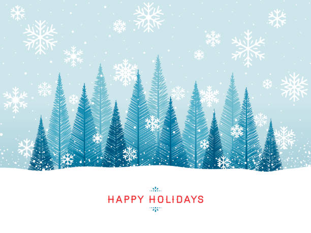 Holiday Background Simple graphic Christmas tree forest with snowflakes and greetings. snow illustrations stock illustrations