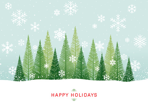 Simple graphic Christmas tree forest with snowflakes and greetings.