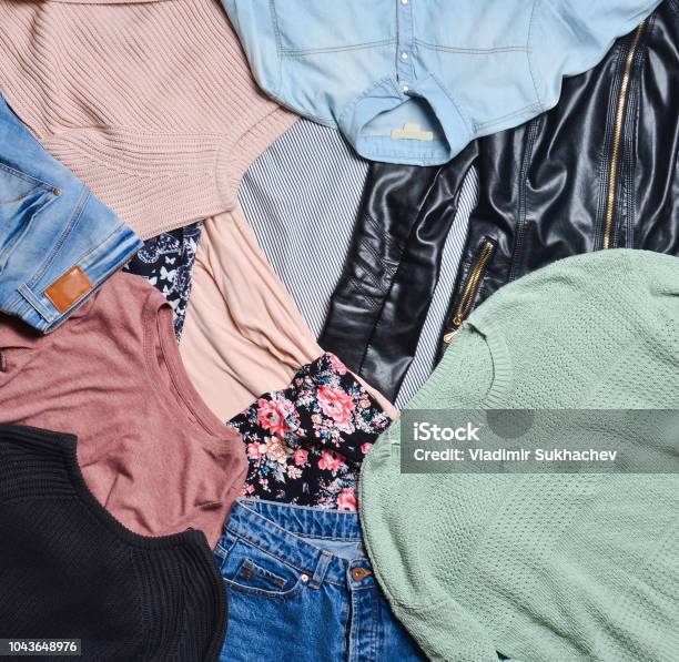 Trend Clothes And Accessories Top View Of Many Different Womens Clothing  Layout Second Hand Casual Style Stock Photo - Download Image Now - iStock