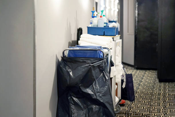 istock Cleaners trolley at hotel. 1043651268