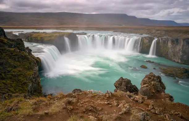 Long exposure of Goðafoss waterfall, located in the northeastern region of Iceland.