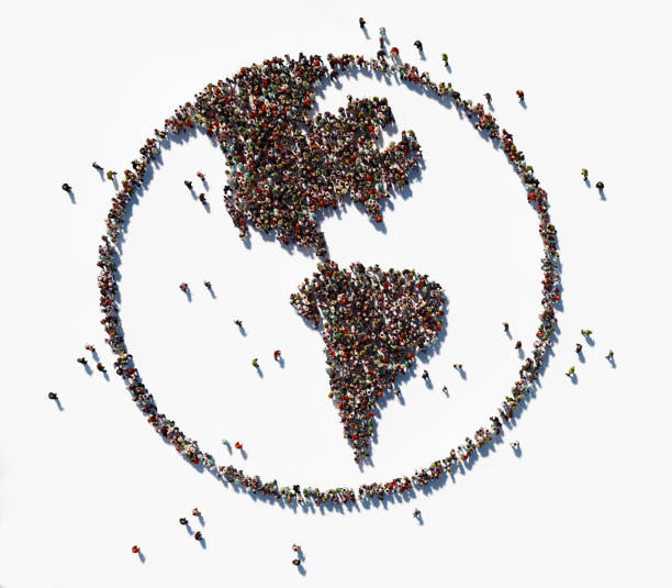 human crowd forming world symbol: population and social media concept - social media teamwork global communications togetherness imagens e fotografias de stock