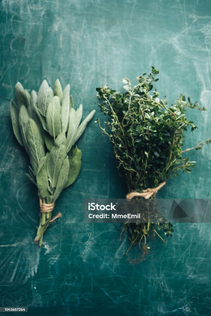 Sage and Oregano Bunch of fresh sage and oregano on a green chalkboard Herbal Medicine Stock Photo
