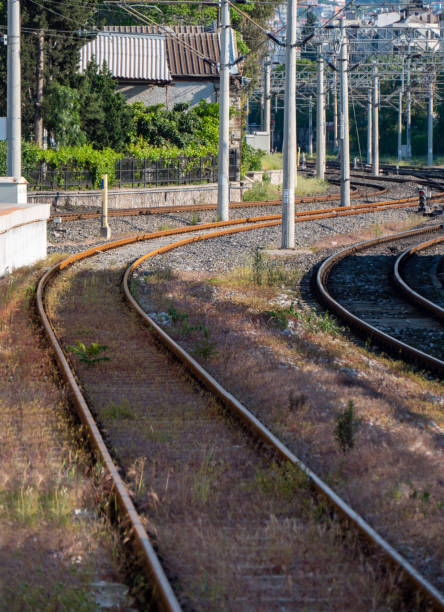 istock Railway tracks with electric poles 1043657284