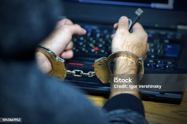 Hack Hand Criminal Hacker Hands Locked In Handcuffs Closeup View Stock Photo ...