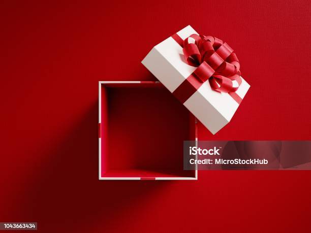 Open White Gift Box Tied With Red Ribbon Stock Photo - Download Image Now - Gift, Christmas, Opening