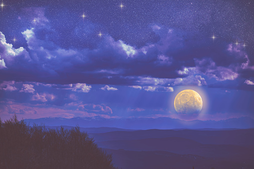 Night sky background with moon and stars. Full moon background.