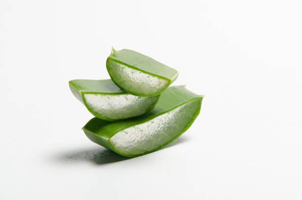 istock Fresh aloe vera leaves and sliced on white background 1043677826
