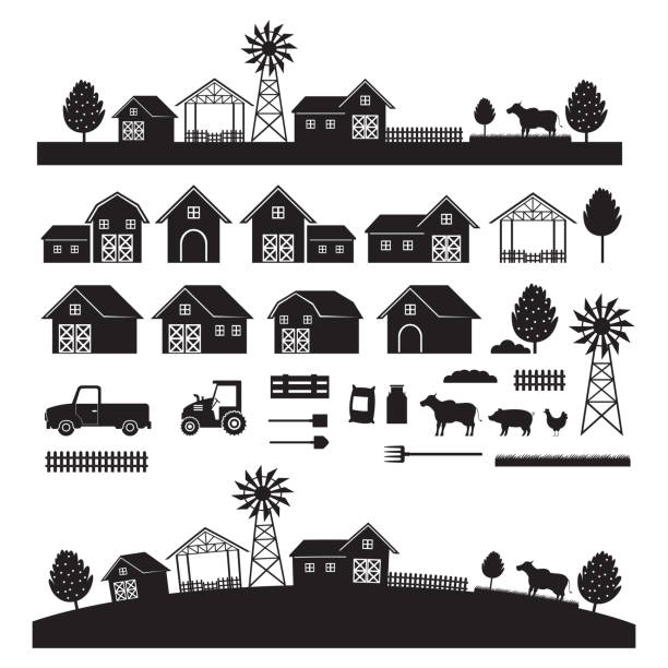 Farm Objects and Landscape, Silhouette Set Farming, Agriculture, Cultivate and Farmland farm silhouettes stock illustrations