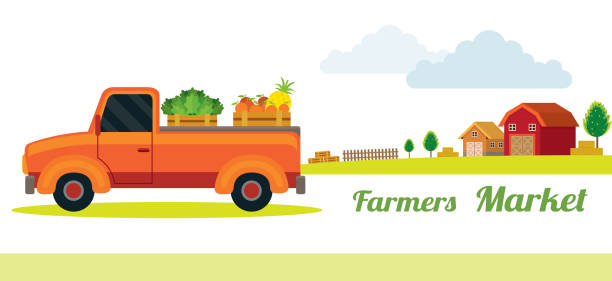 트럭 농장 제품을 선택합니다 - farm fruit vegetable orchard stock illustrations