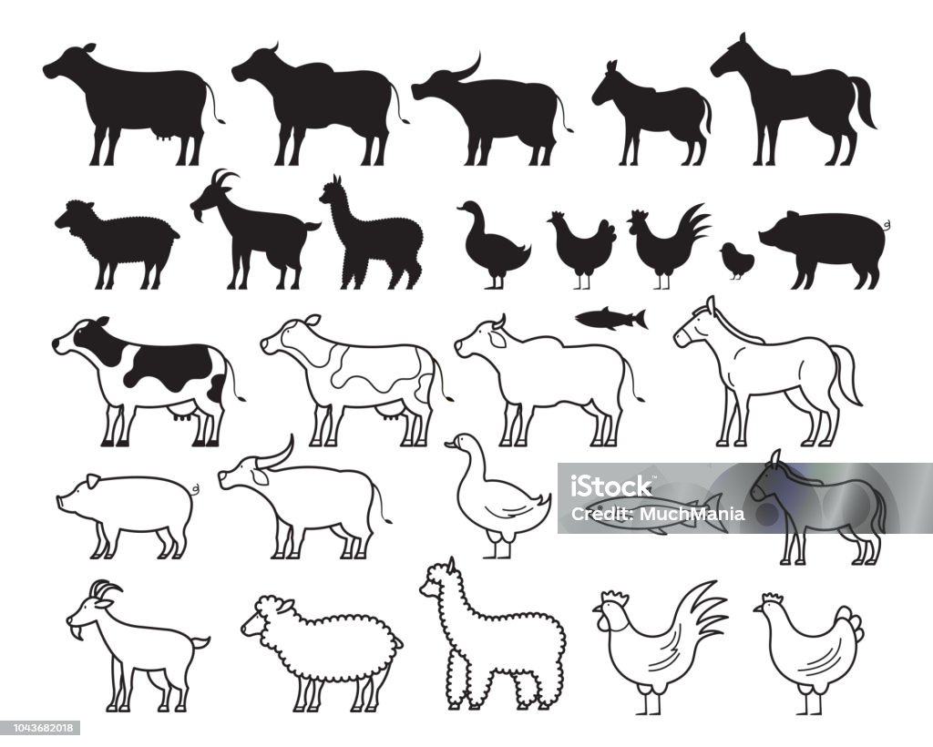 Farm Animals Silhouette and Line Set Farming, Farmland, Agriculture Product Icon Symbol stock vector